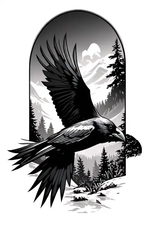 Crow Flying In Forest Landscape