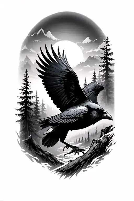 Crow Flying In Forest Landscape