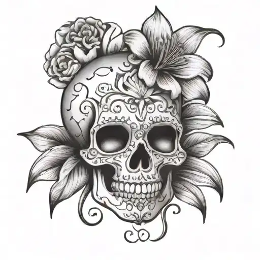 Sugar Skull With Lilly Flower