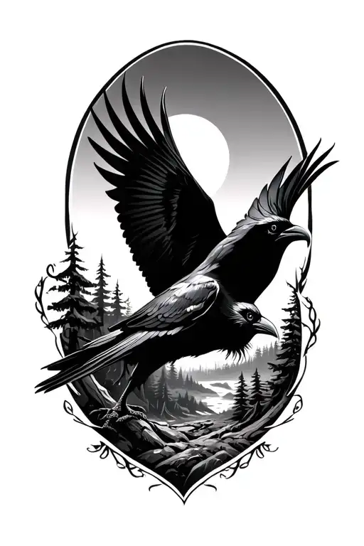 Celtic Crow Flying In Forest Landscape