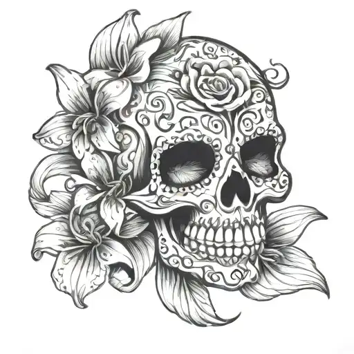 Sugar Skull With Lilly Flower