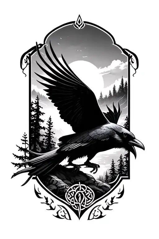 Celtic Crow Flying In Forest Landscape