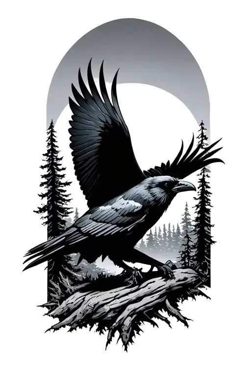 Evil Crow Flying In Forest Landscape