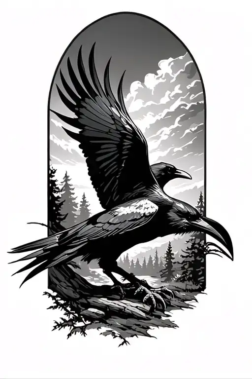Evil Crow Flying In Forest Landscape