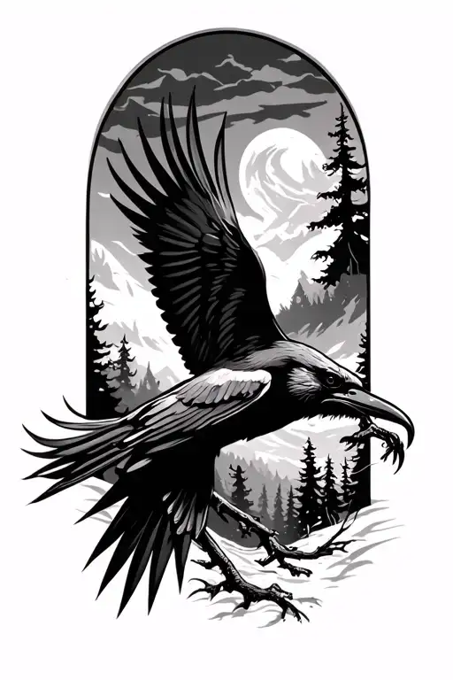 Evil Crow Flying In Forest Landscape