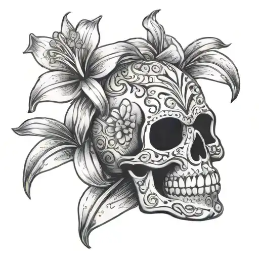 Sugar Skull With Lilly Flower