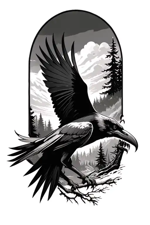 Evil Crow Flying In Forest Filled