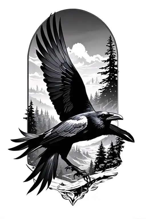 Crow Flying In Forest Landscape