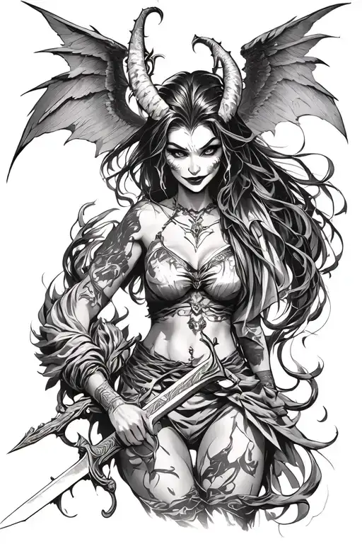 Demon Girl With Sword Wrapped With Wings And Demonic Smile On Face