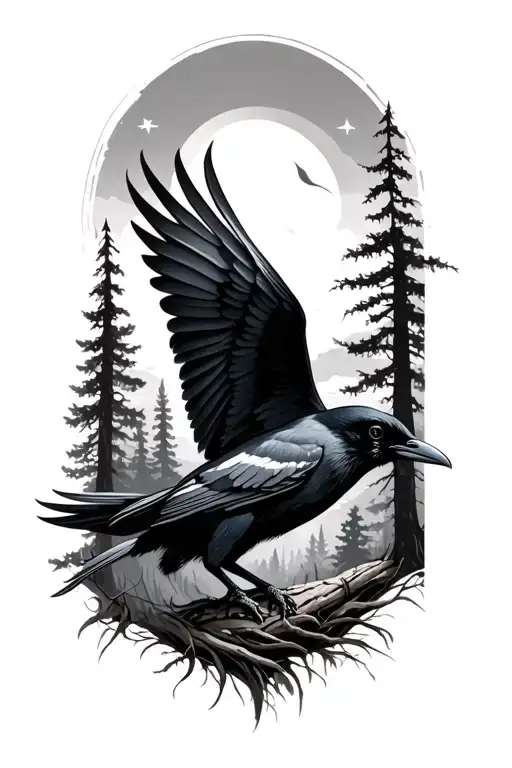 Crow Flying In Forest Tattoo Design Featuring