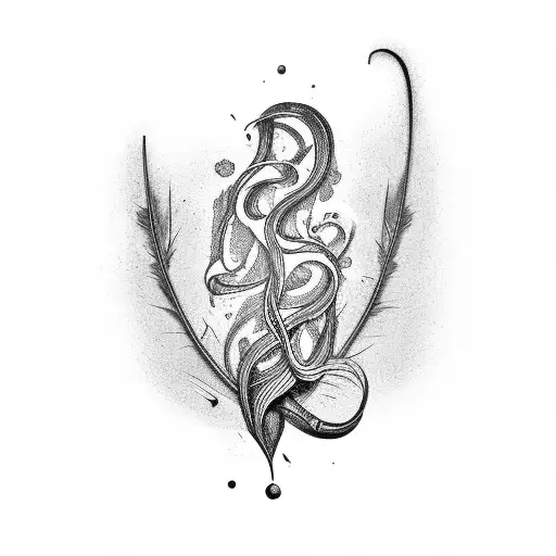 A Black And Grey Tattoo Of A Quill Pen With A Trail Of Flowing Letters