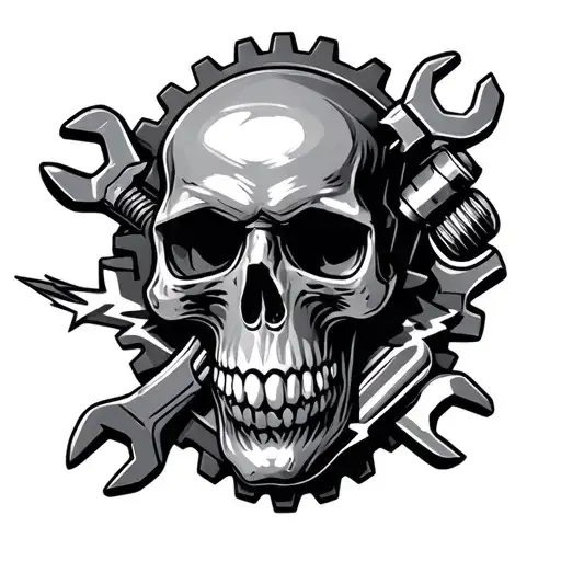 Gear Head Skull Surrounded By Wrenches And Spark Plug With Piston And Lightning