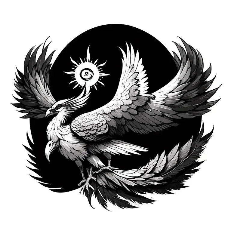 Phoenix With Sun In Beak And Whimsical Tail Feathers Down Hip And Thigh