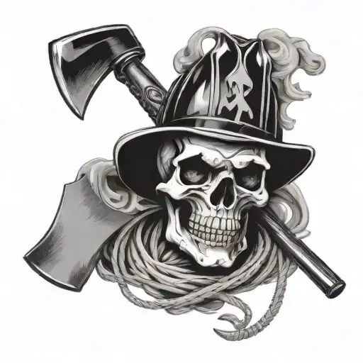 Skull With Firefighter Tools Like An Axe And Hose Intertwined