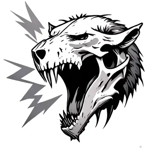 Smilodon Skull With Open Mouth And Lighting Bolt Striking