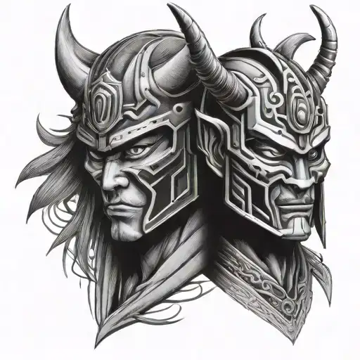 Half Oni Mask And Samurai Warrior