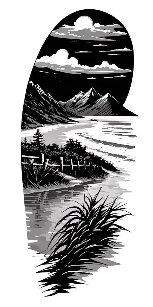 Beach Landscape And Idaho Ranch Fence And Mountains