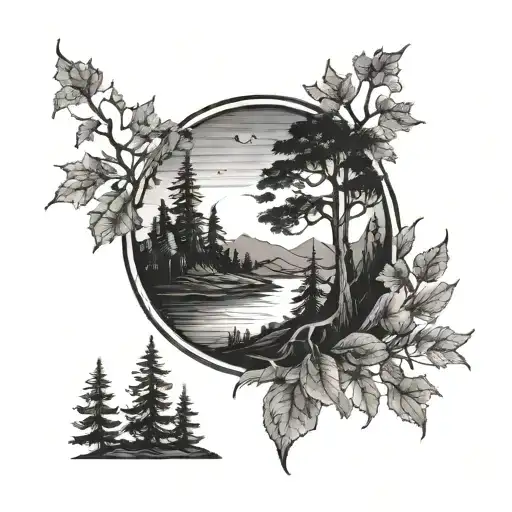 A Detailed Black And Grey Tattoo Of A Serene Forest Scene With A Setting Sun In The Background