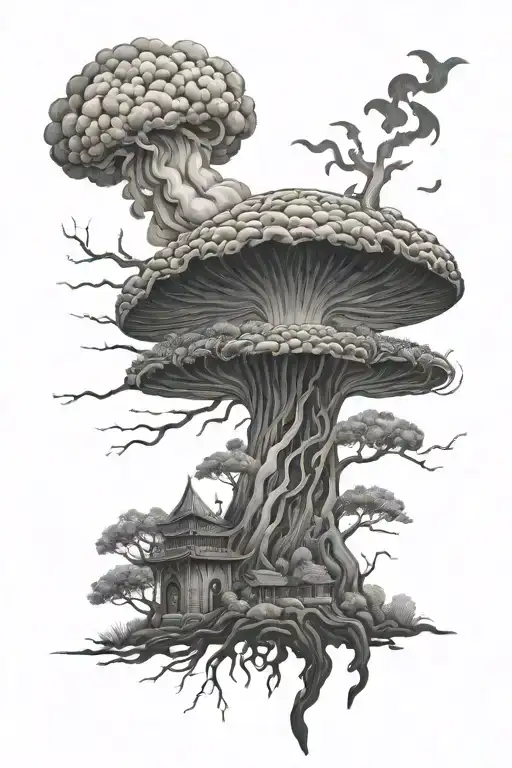 Yggrasil And A Mushroom Cloud Storm With Lightning