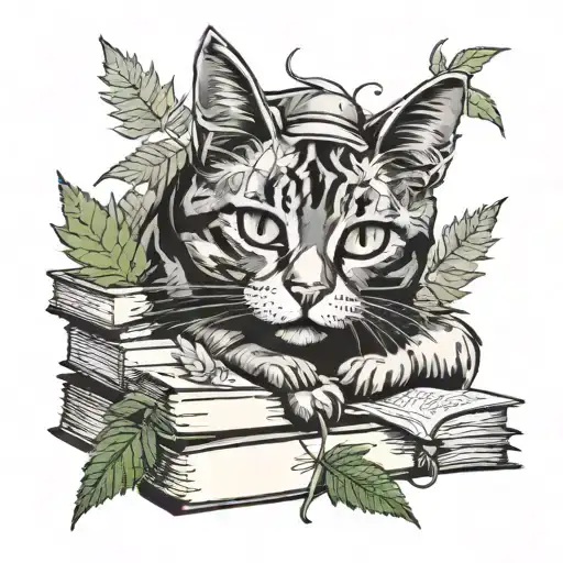 A Cat Lounging On A Pile Of Books With Cannabis Leaves Scattered Around