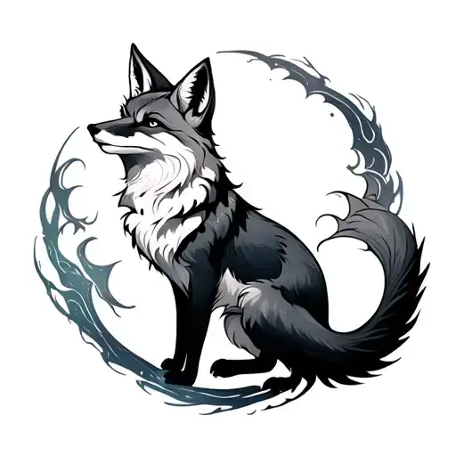 Fox Nine Tailed Fox With Moon Surrounded And Aura Vibrant Colors