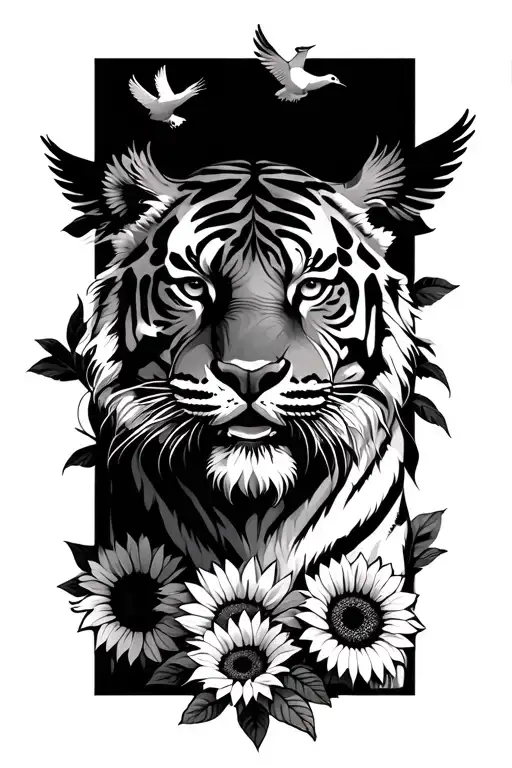 Awesome Tiger Symbolizes Faith In Christ Surrounded With Sunflowers And Doves
