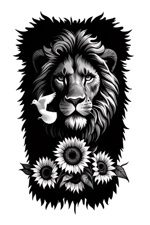 Awesome Lion Symbolizes Faith In Christ Surrounded With Sunflowers And Doves