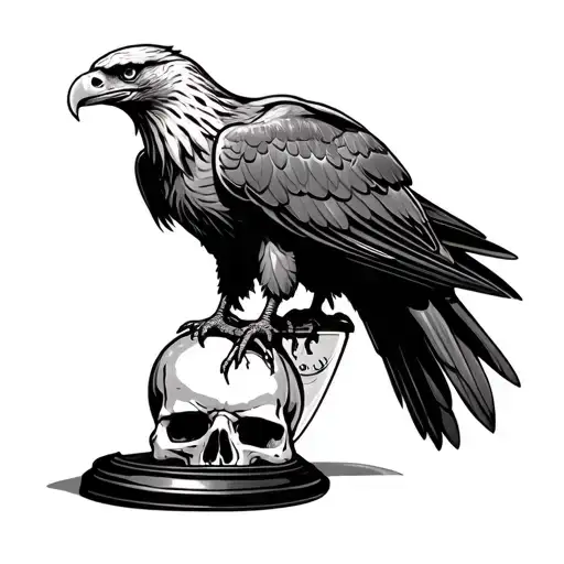 Eagle Perched On Top Of Hour Glass With A Skull