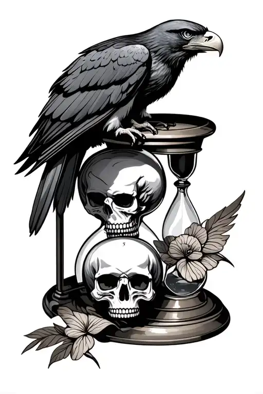 Eagle Perched On Top Of Hour Glass With A Skull
