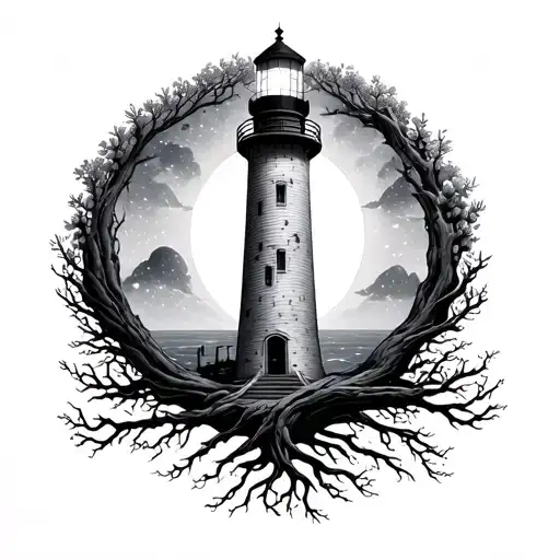 Light House And Space Surrounded Tree Of Life Intertwined