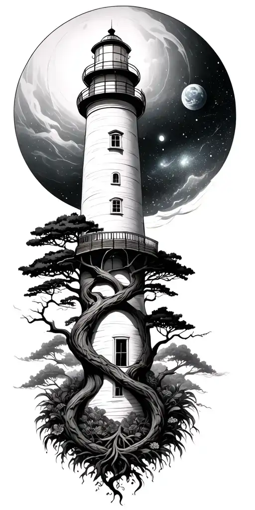 Light House And Space Surrounded Tree Of Life Intertwined