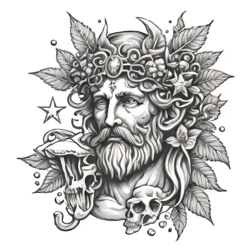 Dionysus God With Cubensis Mushrooms And Stars Coming From Head Beautiful