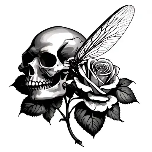 A Rose And A Buter Fly Skull