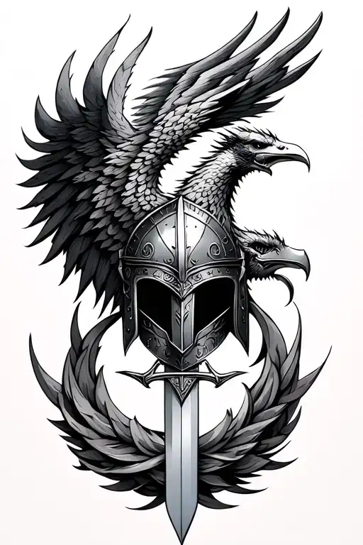 Phoenix And Gladiator Helmet With Sword Intertwined