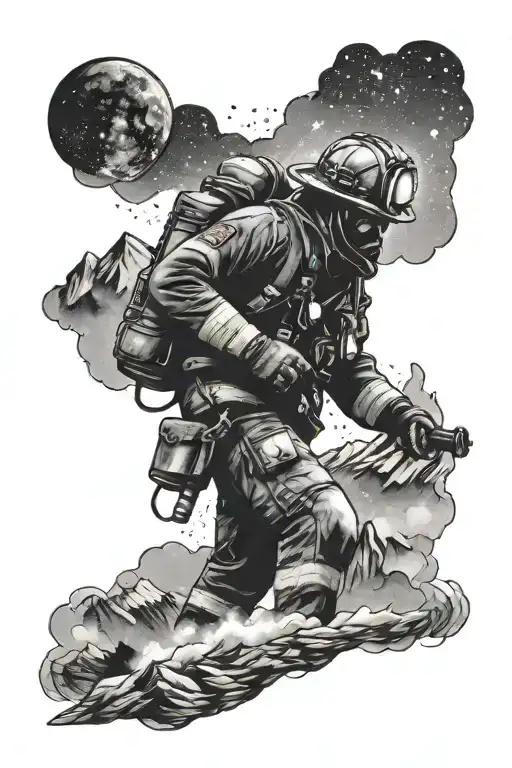 A Black And Grey Design Of A Firefighter Surrounded By Mountain Peaks And A Galaxy In The Background