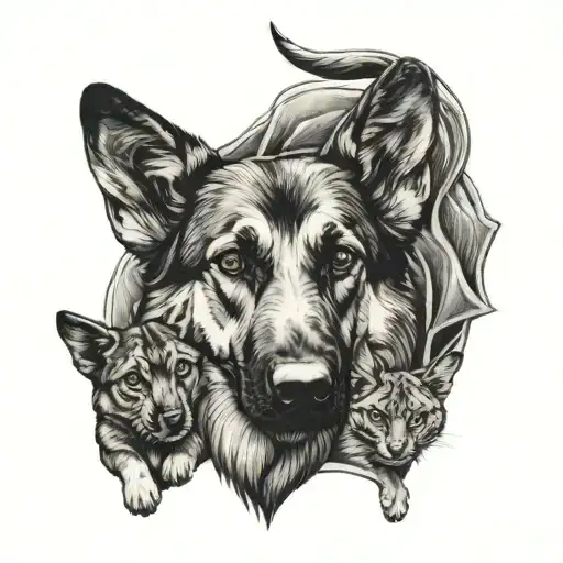 German Shepherd With Three Kitties