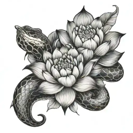 Snake Slittering Through Lotus Flowers On Full Arm Sleeve