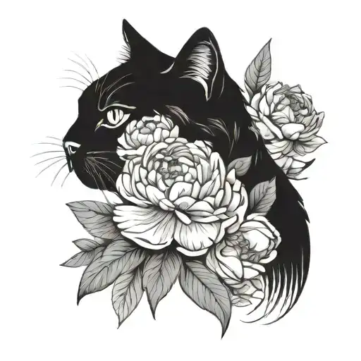 Cat With Peonies Minimalist