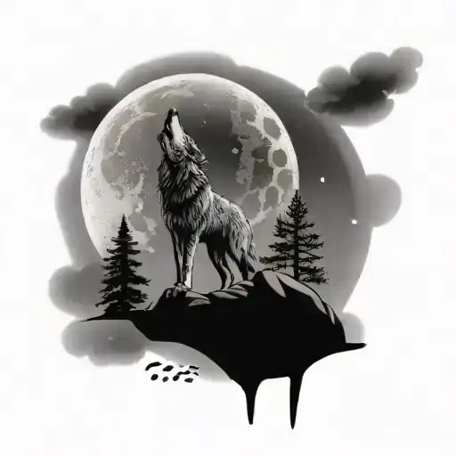 A Black-grey Tattoo Of A Wolf Howling Under A Full Moon In A National Park Setting