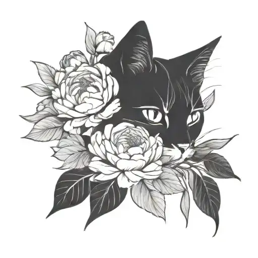 Cat With Peonies Minimalist
