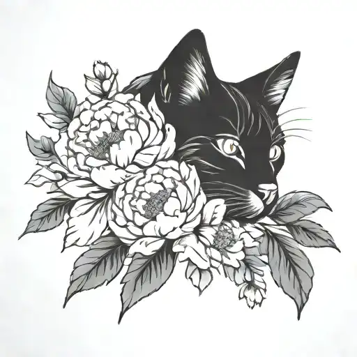 Cat With Peonies Minimalist