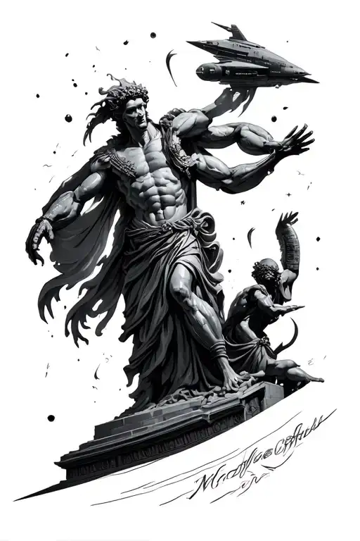 Aliens And Space Ships Fighting Roman God Statues