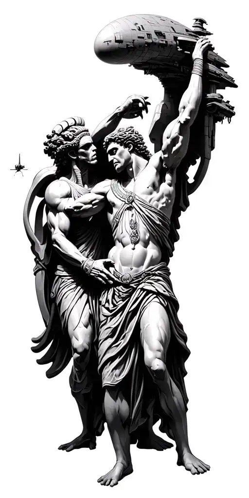 Aliens And Space Ships Fighting Roman God Statues