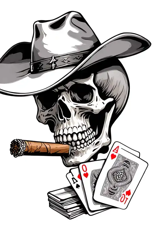 Western Skull Or Skeleton With A Cowboy Hat With Some Cards And A Cigar