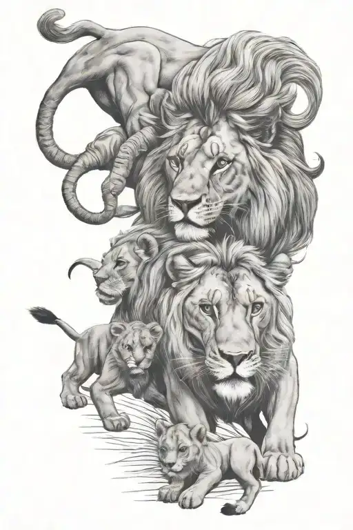 Lion Family With Two Children