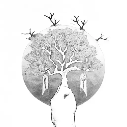 A Black-grey Tattoo Showcasing The Tree Of Gondor And The Broken Narsil Sword In A Minimalist Style