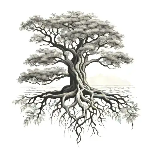 A Detailed Black-grey Tattoo Of A Tree With Intricate Roots And Branches