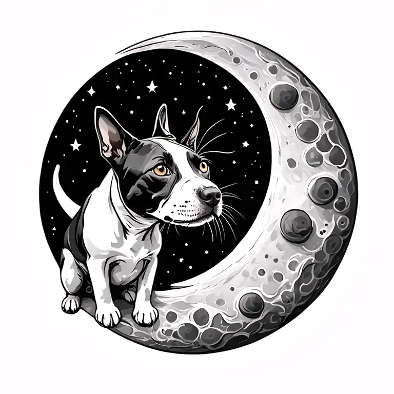 Bull Terrier With A Cat On A Moon