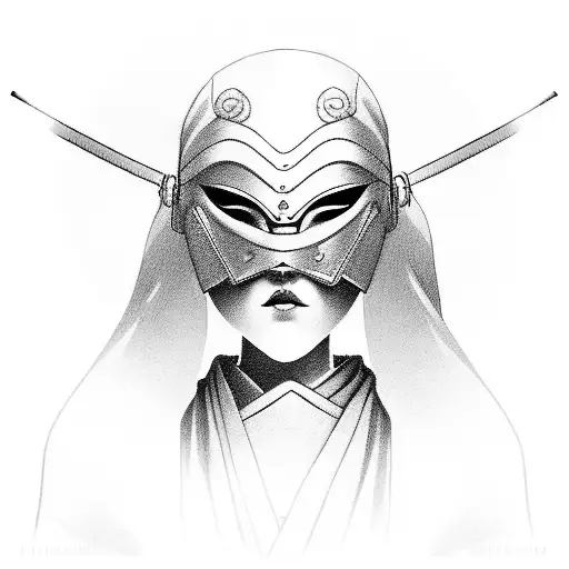 Woman Samurai With Hanya Mask In Hand