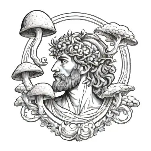 Greek God Of Psychedelics With Mushrooms Growing From Hair And A Moon In The Background